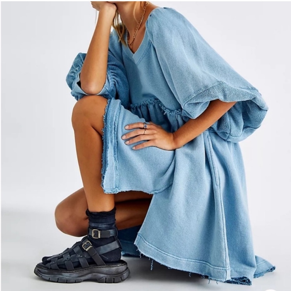Free People Sunchild Babydoll Light Blue Tunic Sweatshirt Dress - Picture 1 of 9